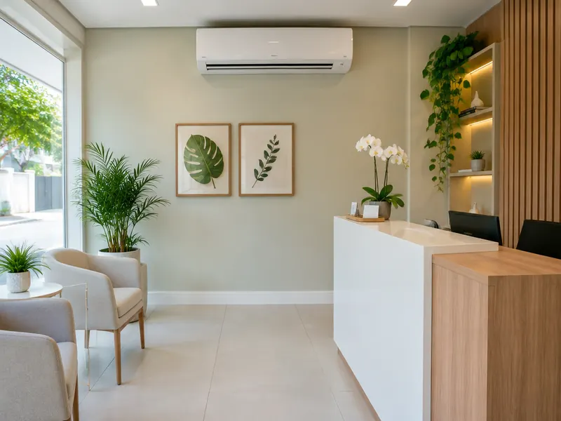 Recepção de clínica com ar-condicionado instalado