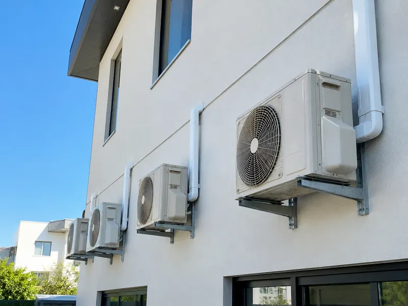 Unidades externas instaladas em suportes na fachada
