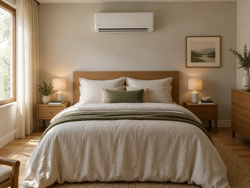 Quarto com ar-condicionado split acima da cama