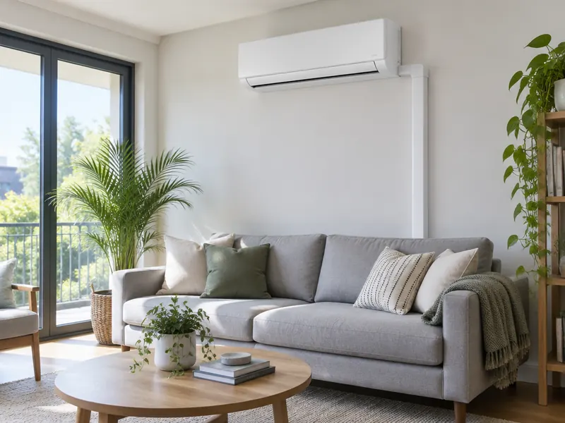 Sala com ar-condicionado split instalado e acabamento da tubulação
