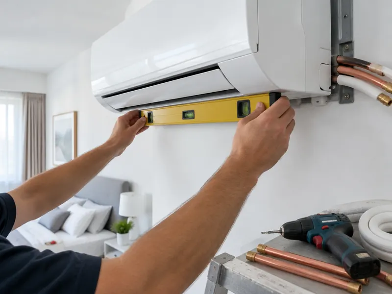 Técnico nivelando a unidade interna de um split na parede
