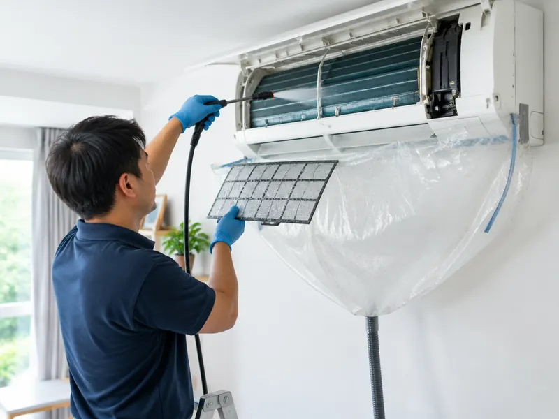 Técnico fazendo a limpeza de um ar-condicionado split