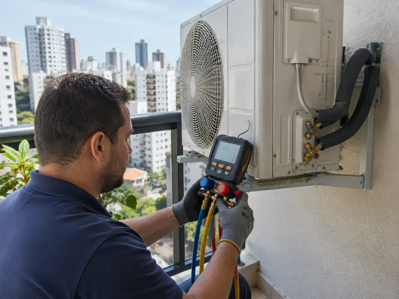Técnico fazendo a manutenção preventiva de um ar-condicionado