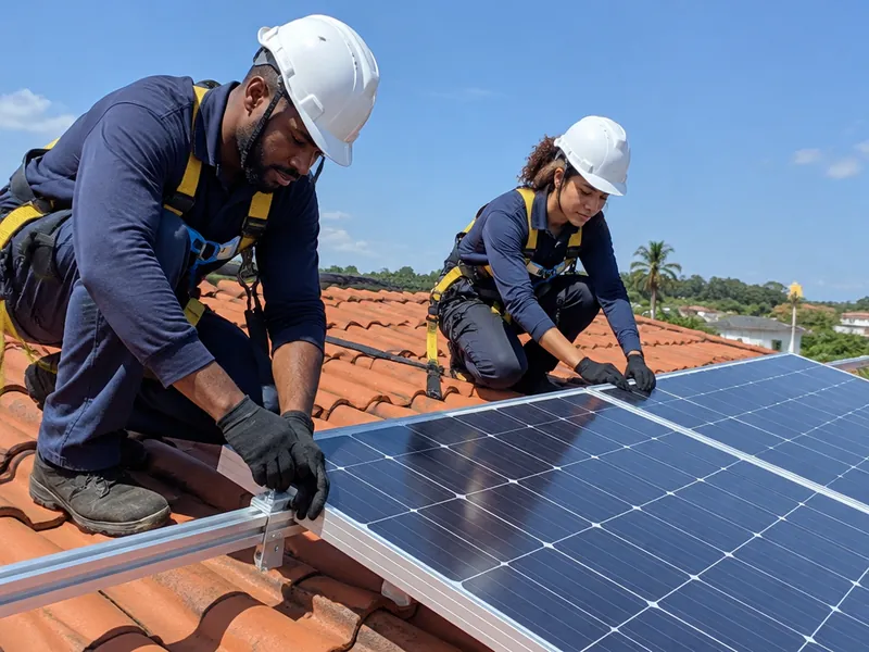 Instaladores com capacete e cinto de segurança fixando painéis num telhado de cerâmica