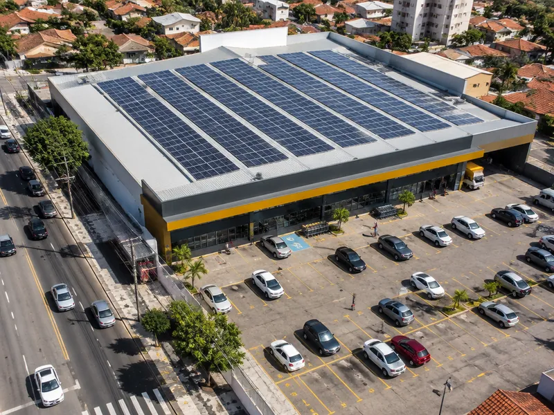 Supermercado com o telhado coberto de painéis solares, visto de cima