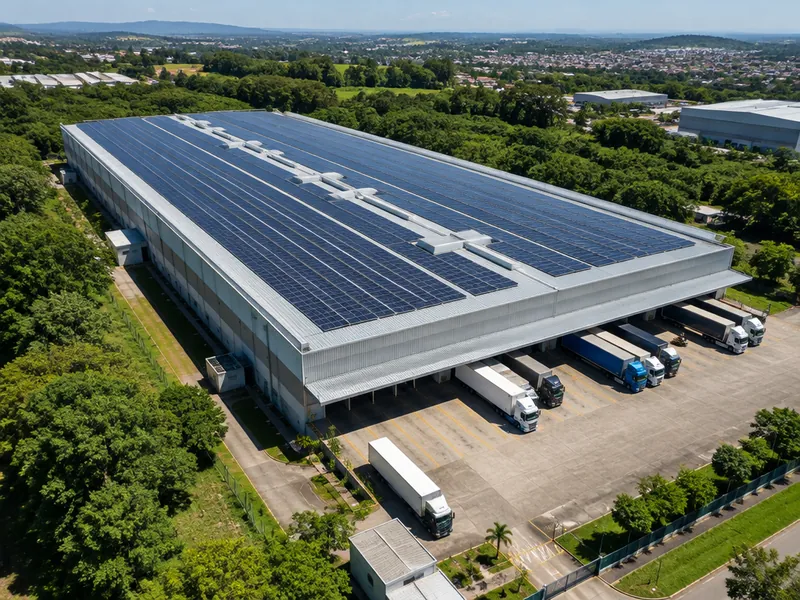 Galpão industrial com centenas de painéis solares no telhado