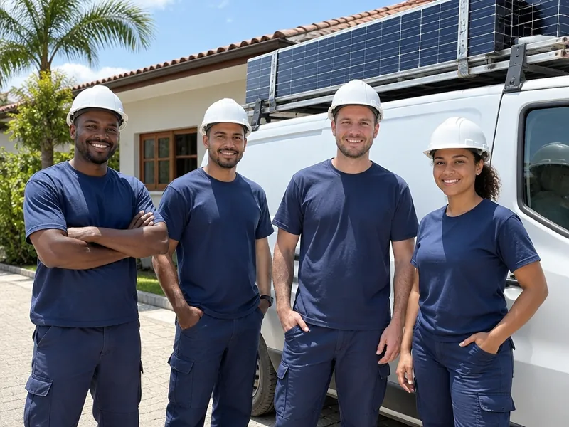 Equipe de instaladores com capacete ao lado da van carregada de painéis solares