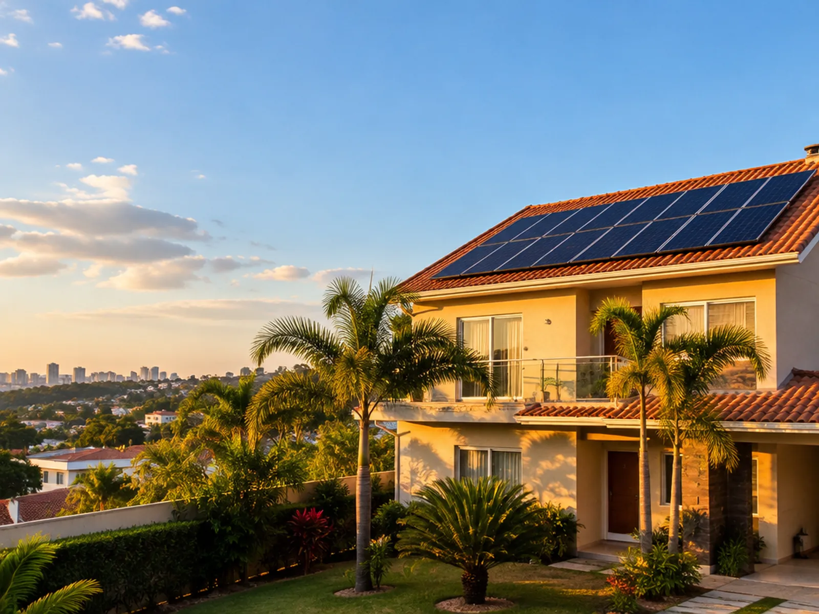 Sobrado com telhado de cerâmica coberto de painéis solares no fim da tarde