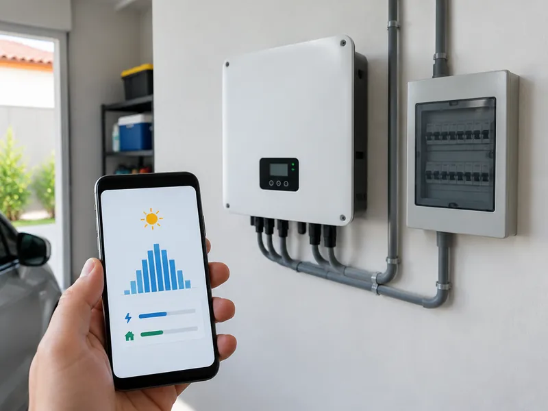 Inversor solar instalado na parede e celular mostrando o gráfico de geração