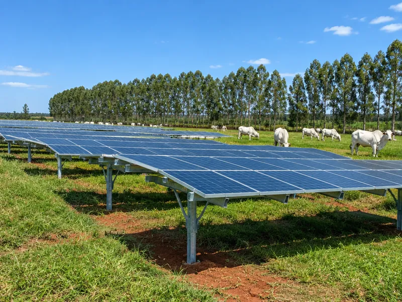 Usina solar no solo de uma fazenda, com gado pastando ao fundo