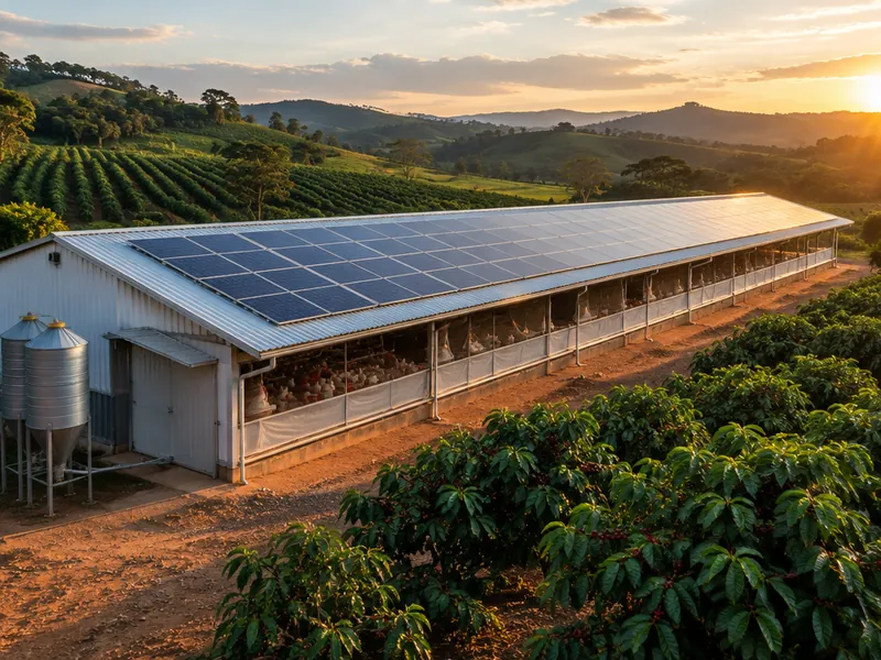 Aviário com painéis solares no telhado, no meio do cafezal