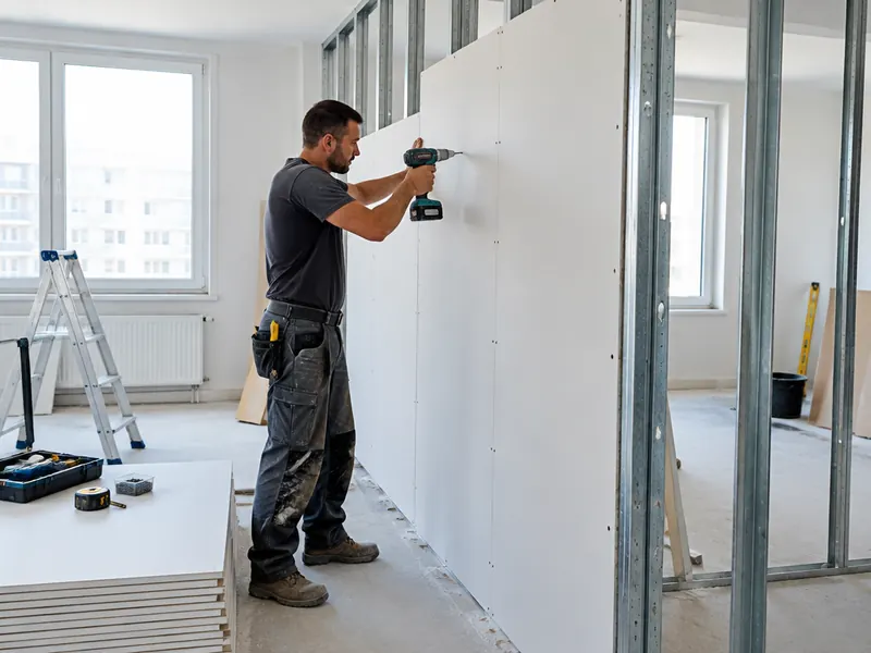 Parede de drywall sendo montada