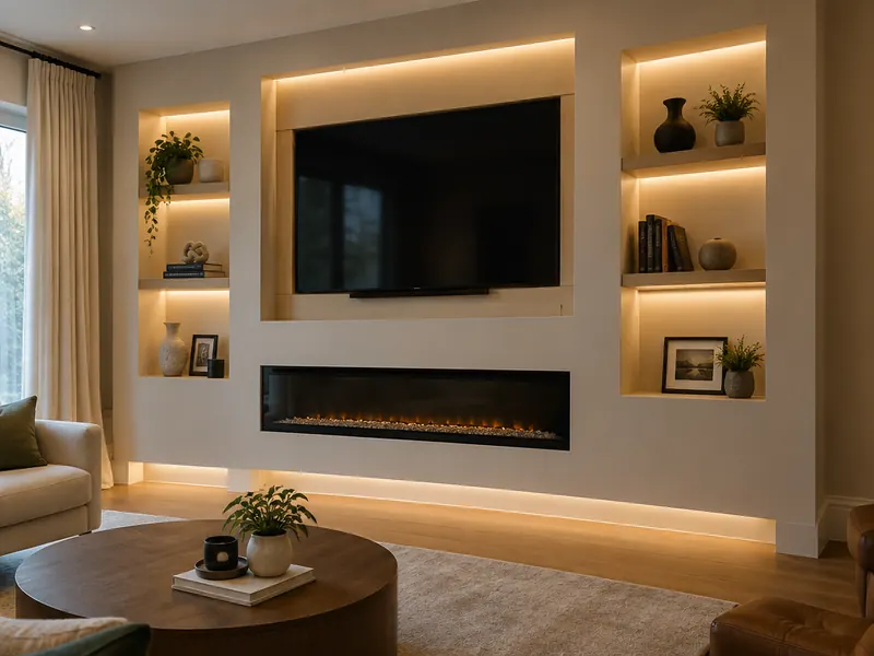 Painel de TV em drywall com nichos iluminados