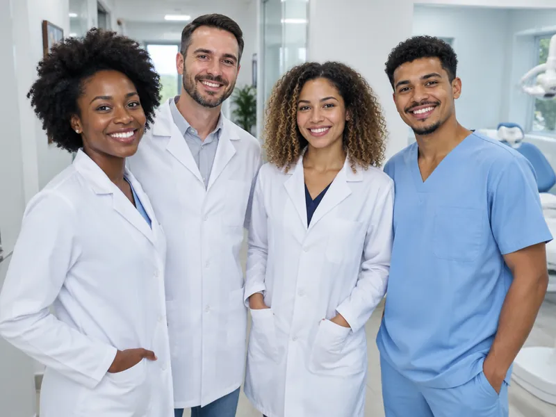 Equipe do consultório: três dentistas de jaleco e um auxiliar, sorrindo no corredor
