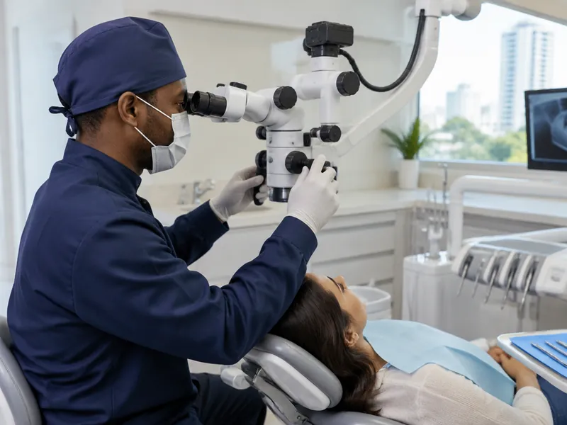 Dentista ajustando o microscópio ao lado da cadeira