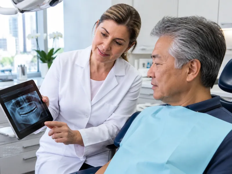 Dentista mostrando uma radiografia no tablet para um paciente