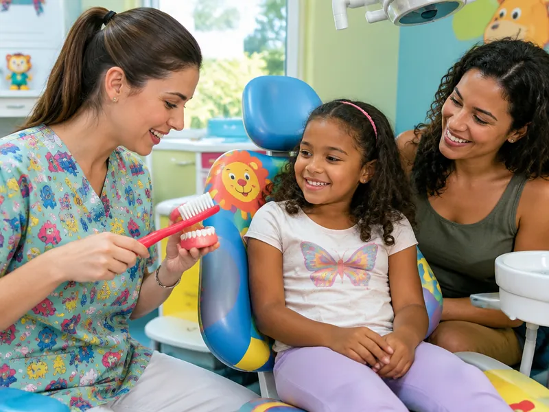 Dentista mostrando uma escova de brinquedo para uma menina, com a mãe ao lado