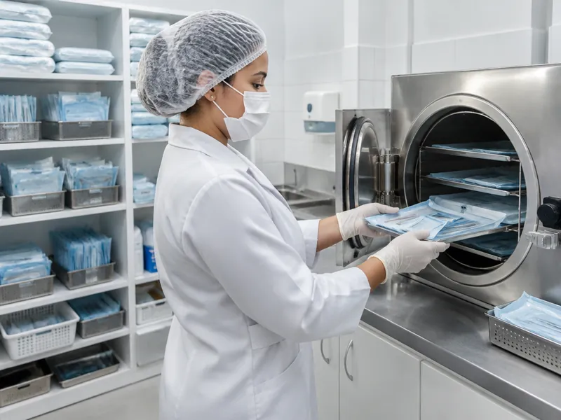 Esterilização: Instrumental lavado, embalado e esterilizado em autoclave.