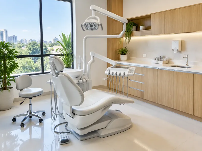 Consultório com a cadeira odontológica e janela grande
