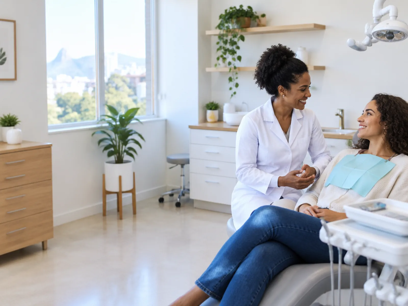 Dentista conversando com uma paciente sentada na cadeira, num consultório claro
