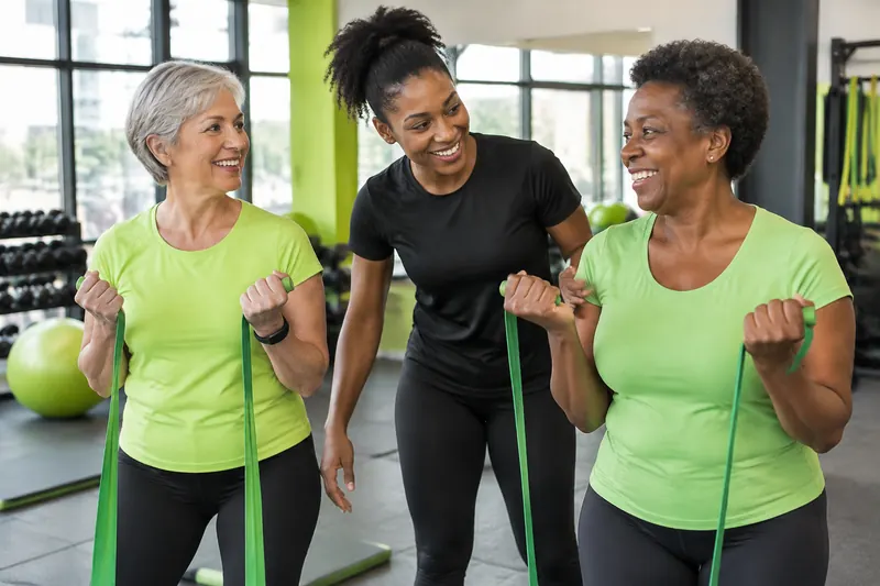 Alunas de 50 anos treinando com elásticos