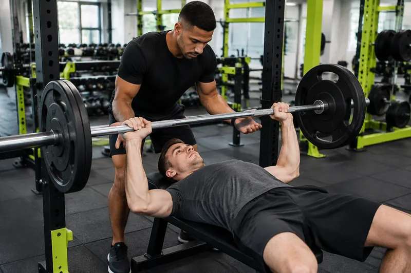 Personal trainer acompanhando um aluno no supino
