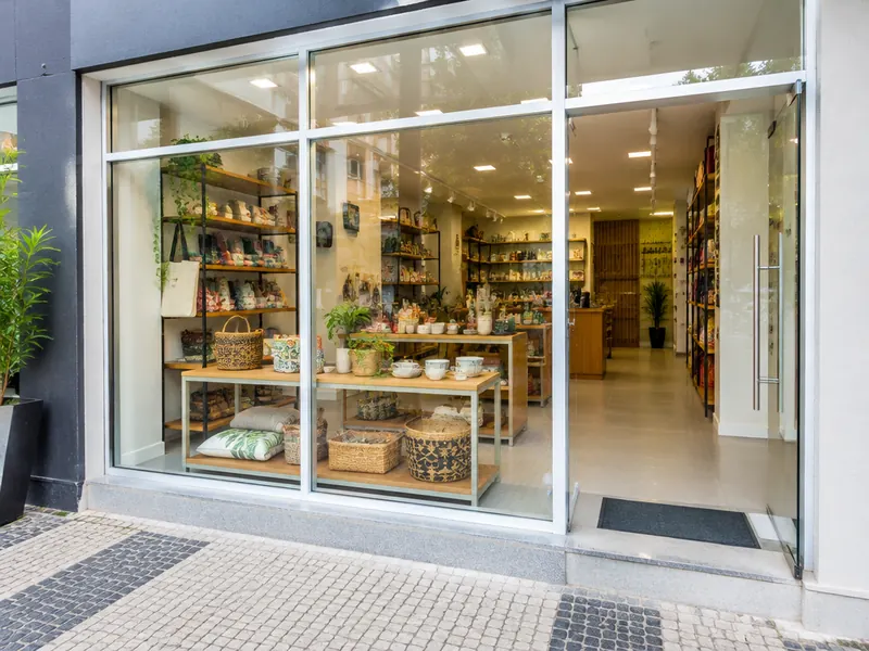 Fachada de loja com vitrine de vidro e esquadrias de alumínio