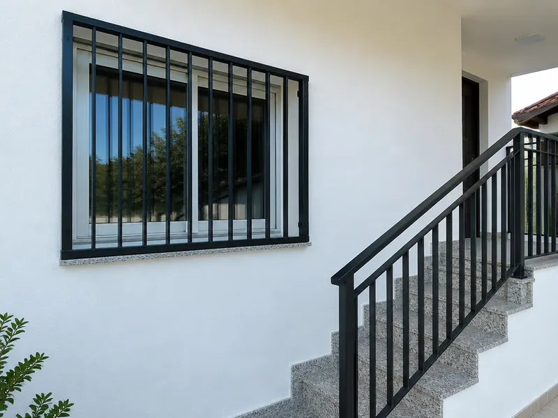Grade preta em janela e corrimão de escada externa