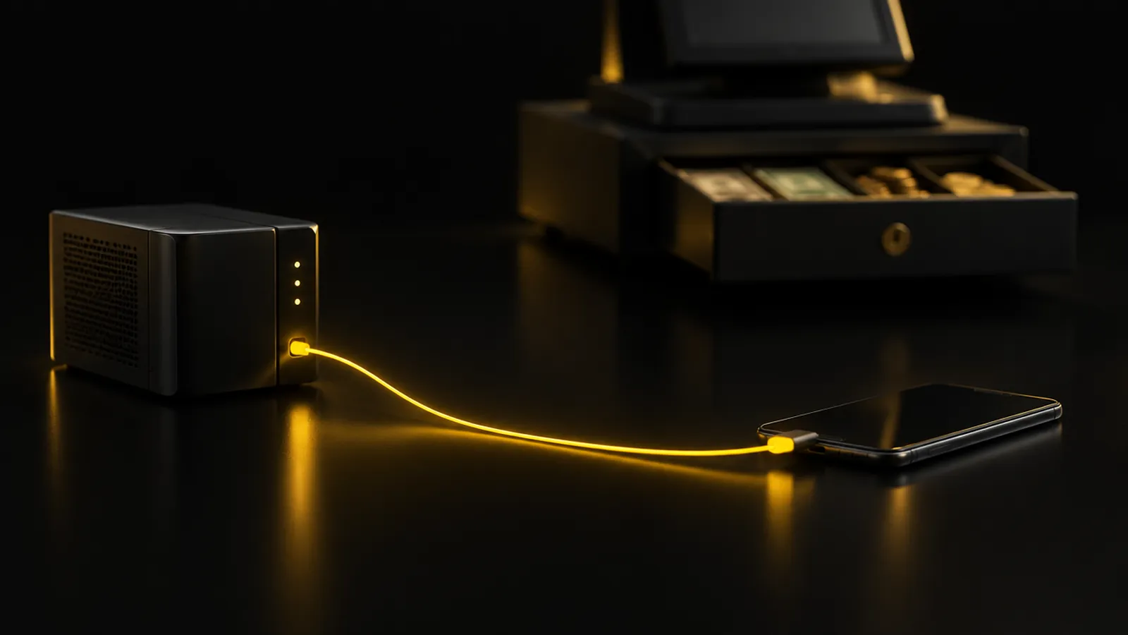 Cena 3D escura com uma pequena caixa de servidor ligada a um celular por um fio de luz amarela, com uma gaveta de caixa registradora desfocada ao fundo.