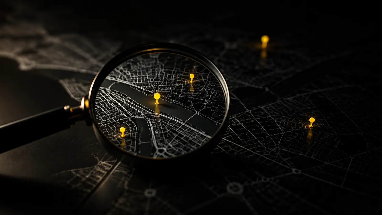 Lupa sobre um mapa da cidade com alfinetes amarelos acesos
