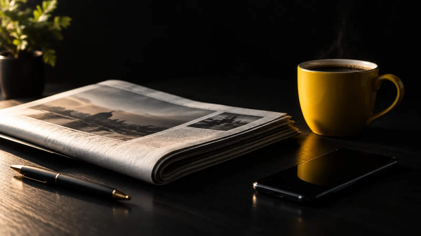 Jornal dobrado na mesa com café e celular