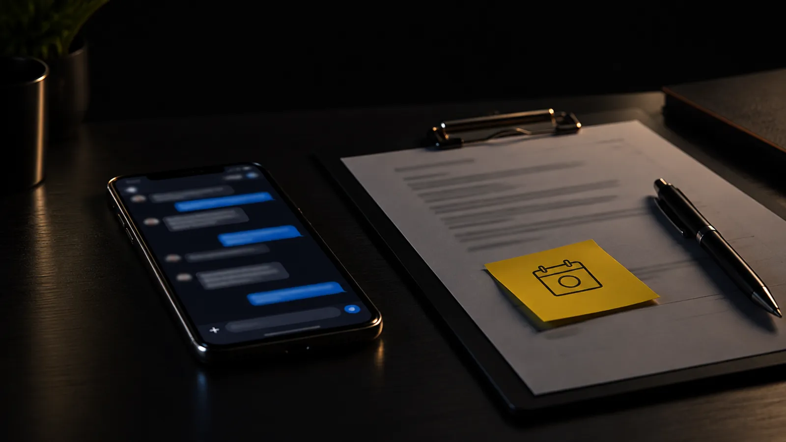 Celular com uma conversa aberta sobre uma mesa escura, ao lado de uma prancheta com um orçamento impresso e um bloco adesivo amarelo, sob luz baixa.