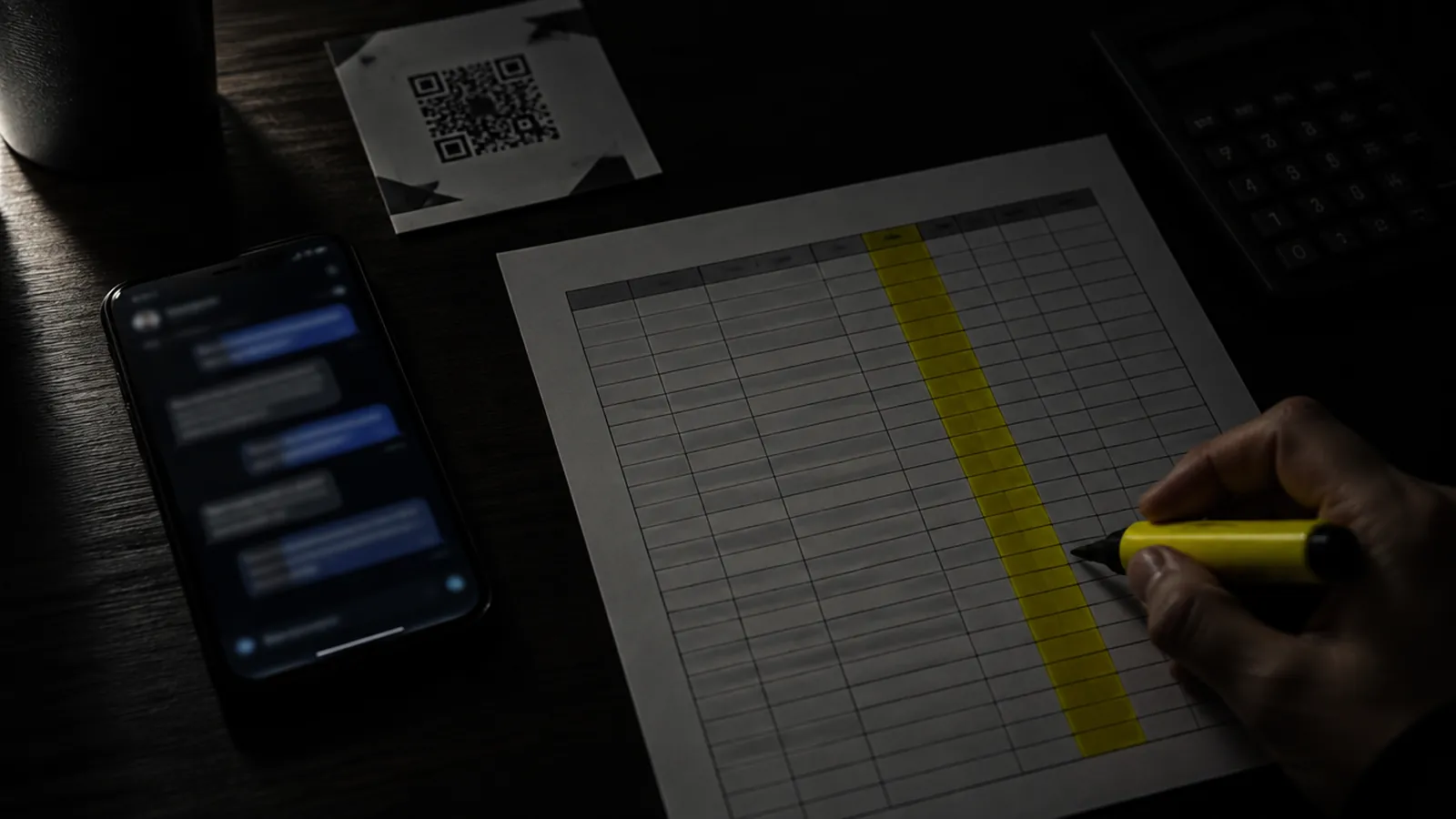 Mesa escura vista de cima com celular mostrando conversas, planilha impressa com uma coluna marcada de amarelo, mão segurando marca-texto e calculadora ao fundo.