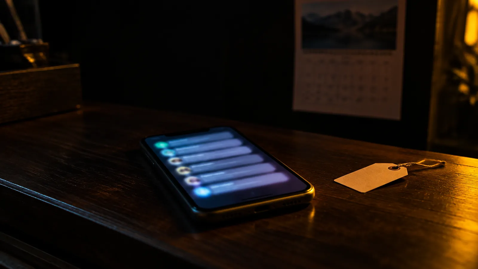 Celular sobre o balcão de uma loja à noite, com notificações de conversas acesas, etiqueta de preço em branco e calendário desfocado ao fundo.