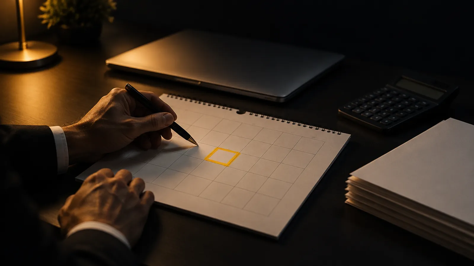 Mesa escura à noite com calendário em branco marcado de amarelo, calculadora, notas fiscais empilhadas e mãos segurando uma caneta.