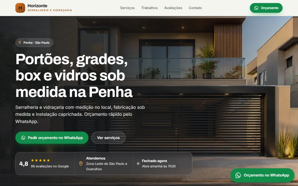 Site de exemplo de serralheria e vidraçaria no computador